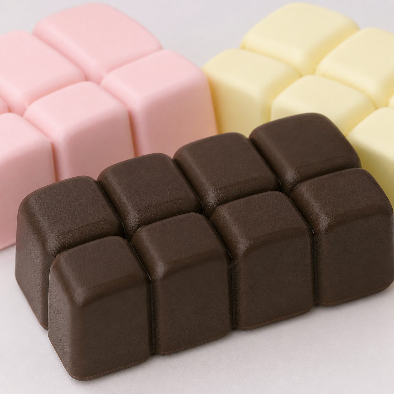 Close-up of dark brown segmented chocolate bar Squooshy toy