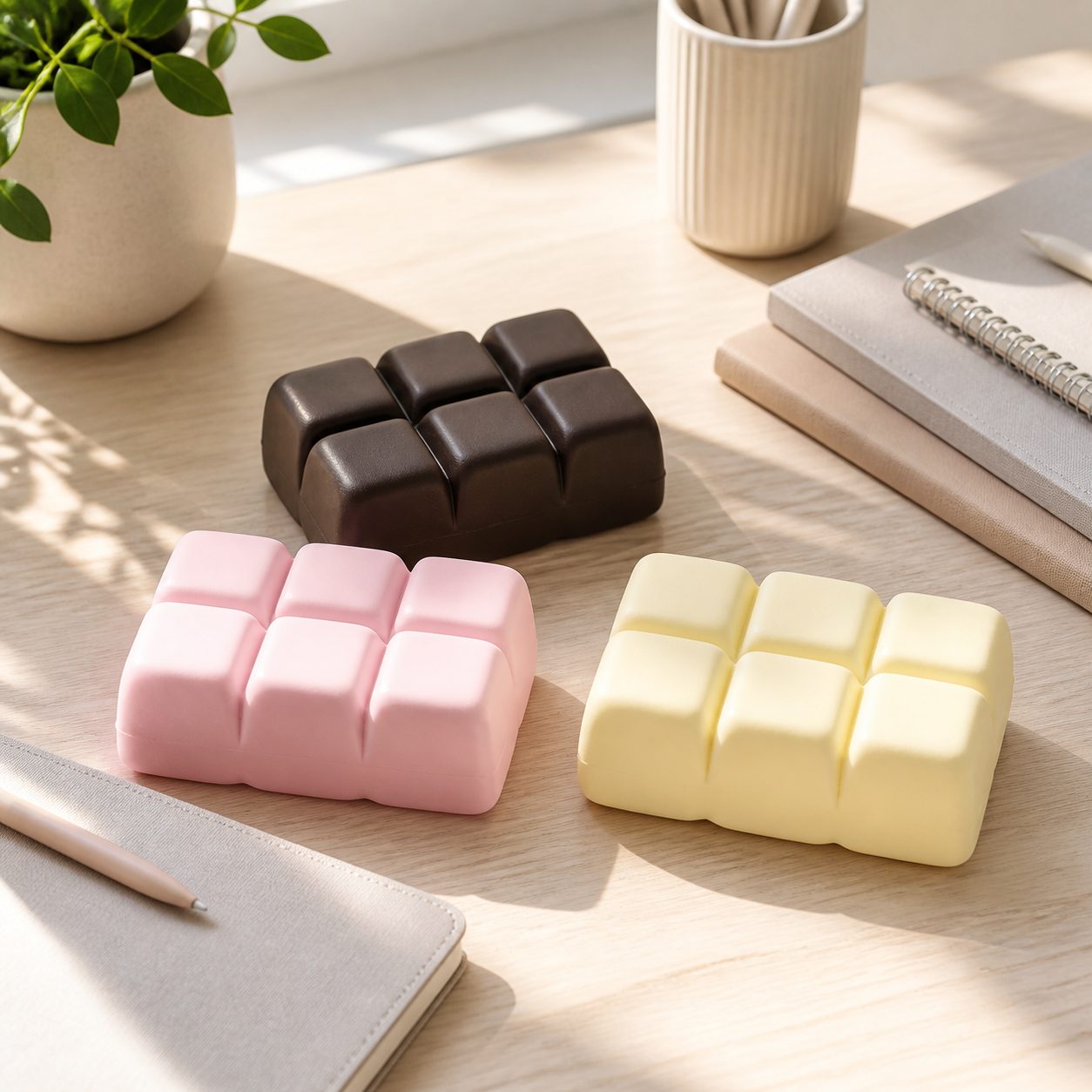 Assorted chocolate bar Squooshy toys arranged on a desk