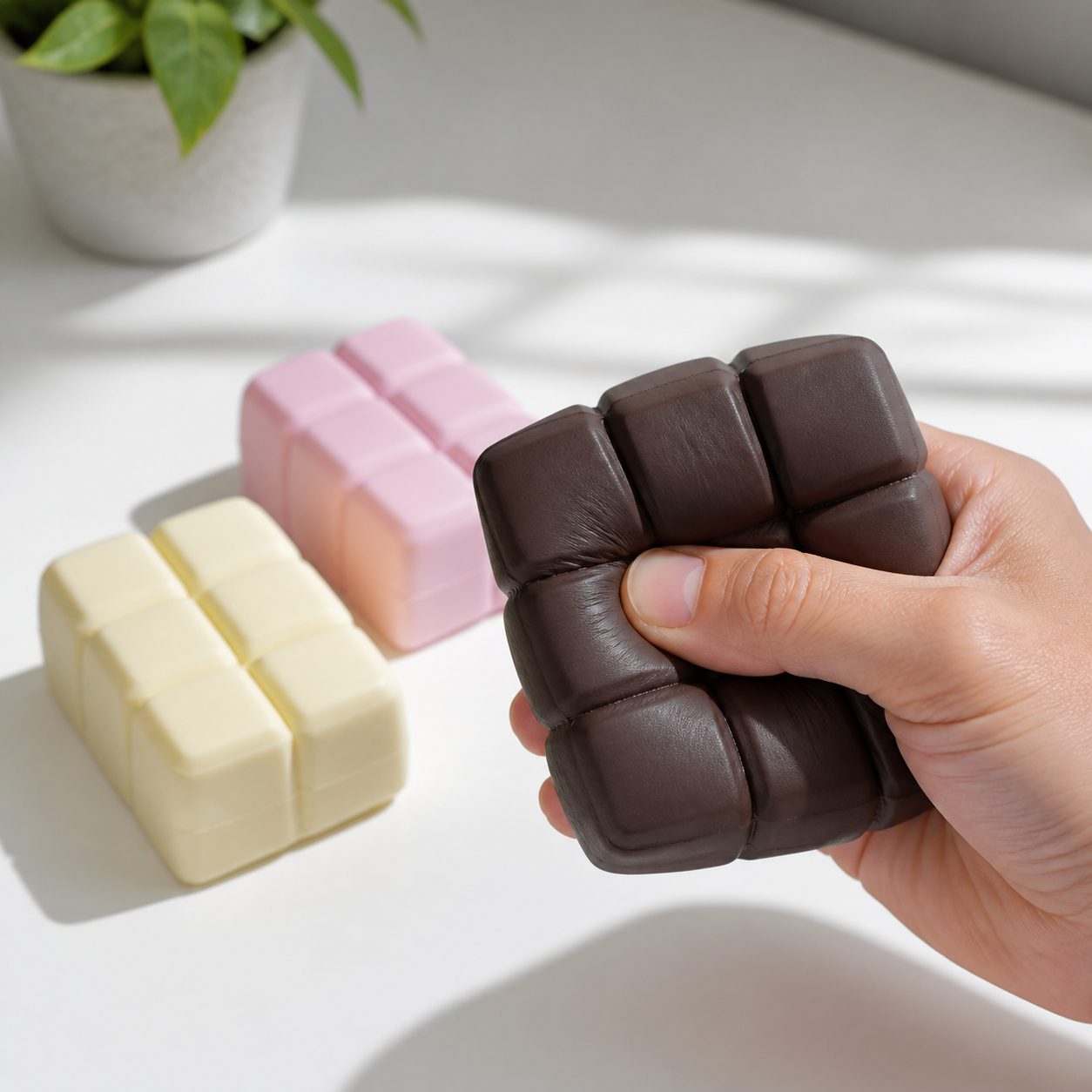 Dark brown chocolate bar Squooshy toy gently squeezed by an adult hand