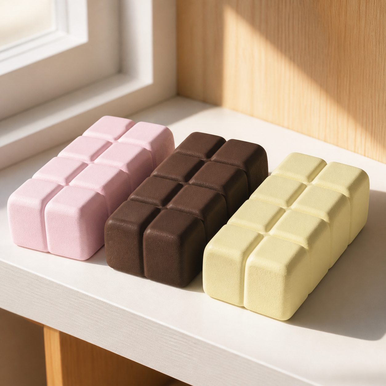 Pink brown and cream chocolate bar Squooshy toys in natural light