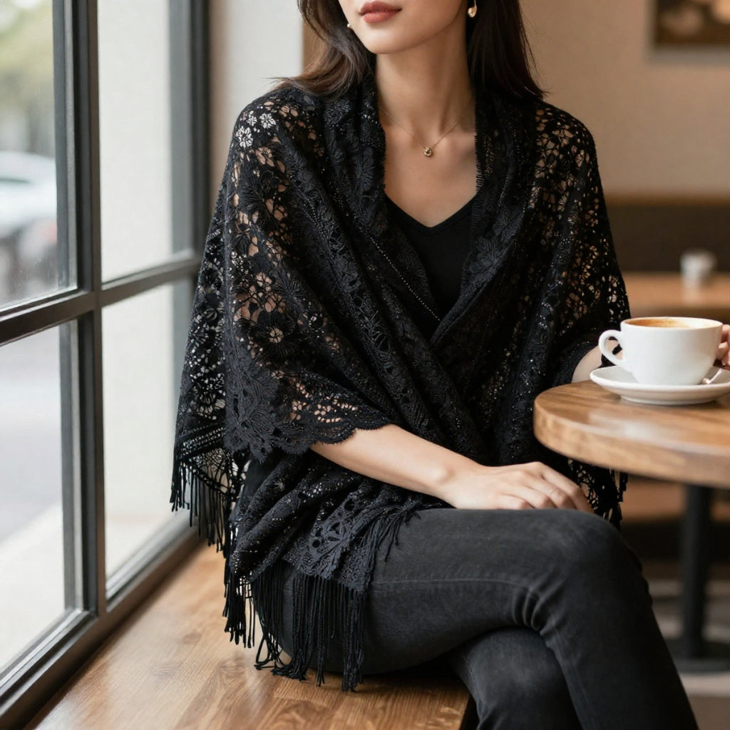 Womens Lace Shawl Triangular Scarf Black