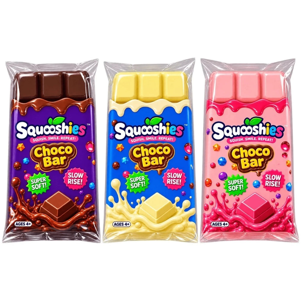 Three packaged Squoshies Choco Bar candies shown side by side on a white background: dark chocolate brown, creamy yellow, and pink. Each package has colorful branding and candy bar graphics.
