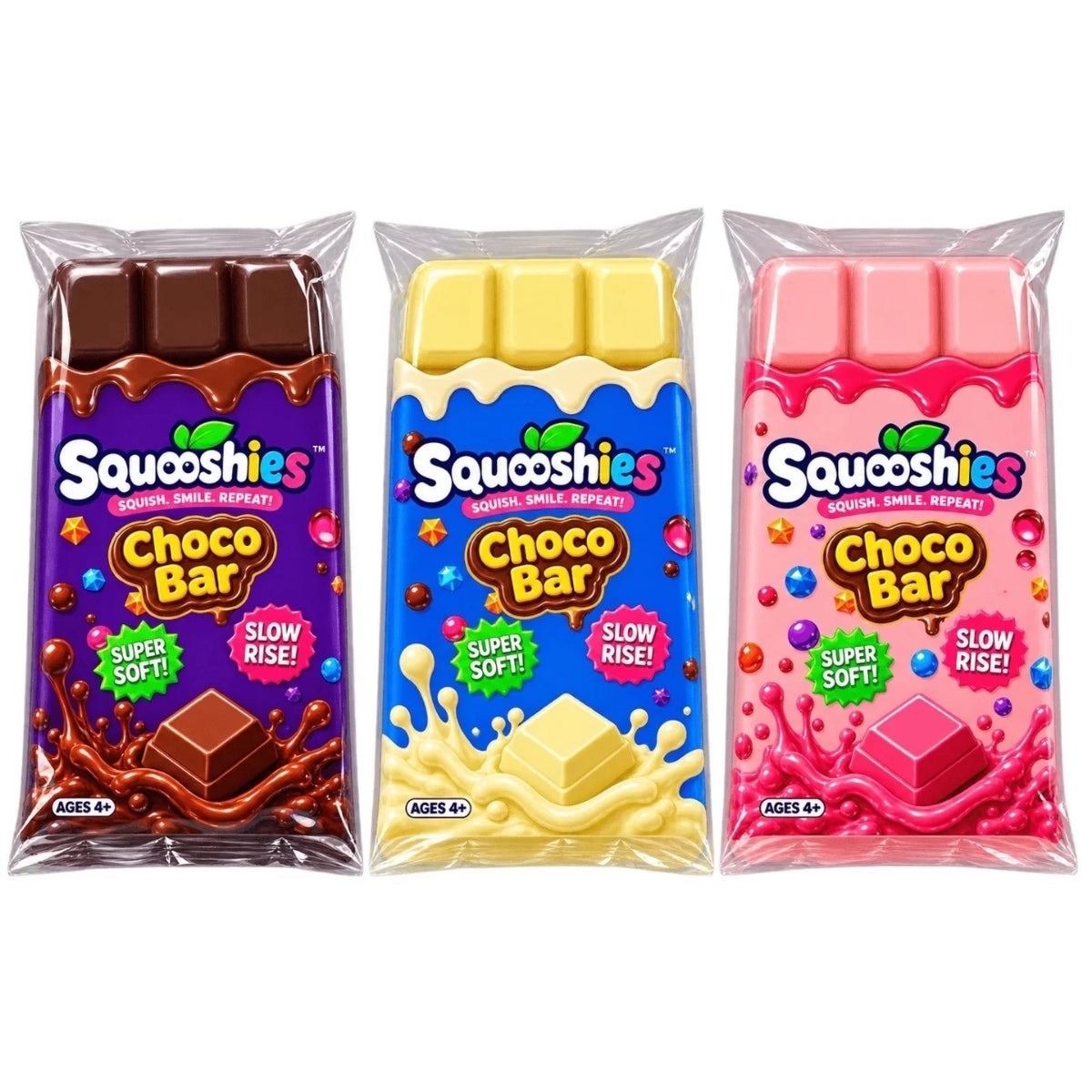 Three packaged Squoshies Choco Bar candies shown side by side on a white background: dark chocolate brown, creamy yellow, and pink. Each package has colorful branding and candy bar graphics.