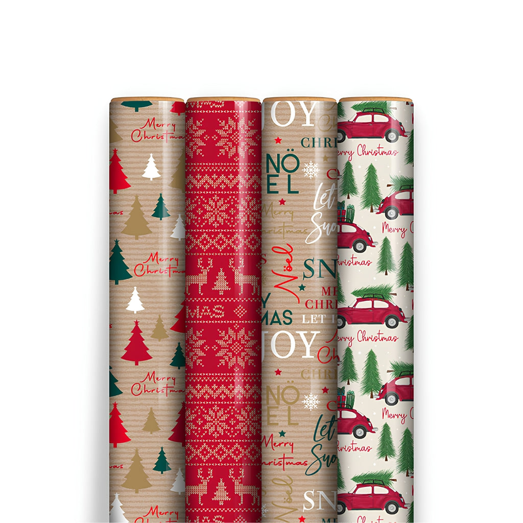 Four rolls of Christmas-themed wrapping paper standing upright against a white background. The designs include red and green holiday motifs on beige and red bases, with phrases like 'Merry Christmas' and 'Joy and Peace'.