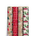 Four rolls of Christmas-themed wrapping paper standing upright against a white background. The designs include red and green holiday motifs on beige and red bases, with phrases like 'Merry Christmas' and 'Joy and Peace'.