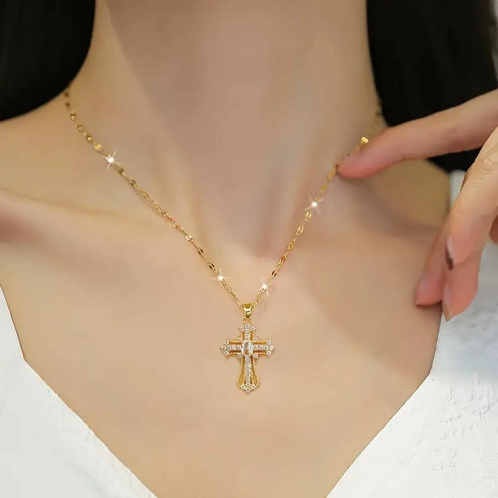 Elegant Gold Cross Pendant Necklace - Stainless Steel Chain With Copper Pendant - Why Not Shop