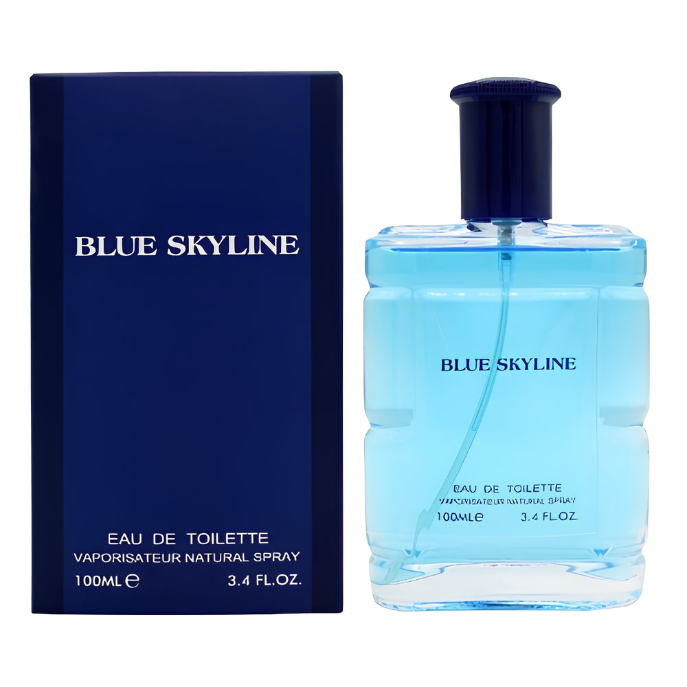 Blue Skyline Eau de Toilette 100ml bottle next to its dark blue packaging box, featuring a light blue liquid and a dark blue cap.