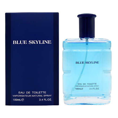 Blue Skyline Eau de Toilette 100ml bottle next to its dark blue packaging box, featuring a light blue liquid and a dark blue cap.
