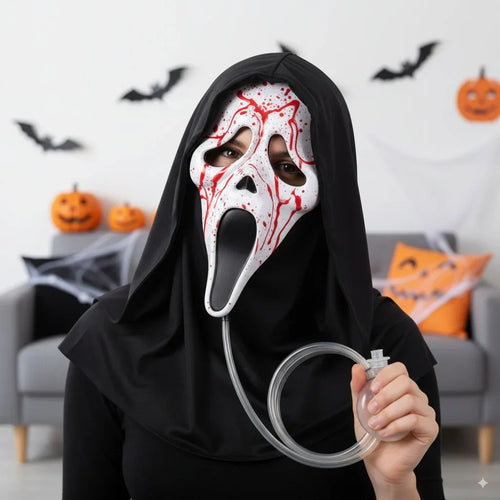 Screaming Ghost Face Mask with Shroud And Blood Pump - Why Not Shop