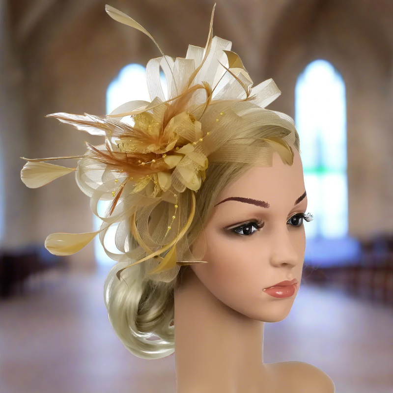 Gold Mesh Flower Feather Headband Fascinator With Clip | Merthyr Tydfil | Why Not Shop Online