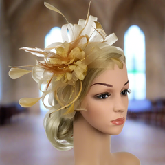 Gold Mesh Flower Feather Headband Fascinator With Clip | Why Not Shop