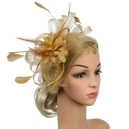 Gold Mesh Flower Feather Headband Fascinator With Clip | Merthyr Tydfil | Why Not Shop Online