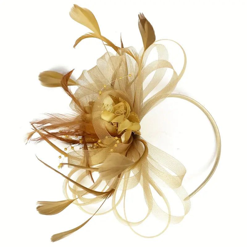 Gold Mesh Flower Feather Headband Fascinator With Clip | Why Not Shop