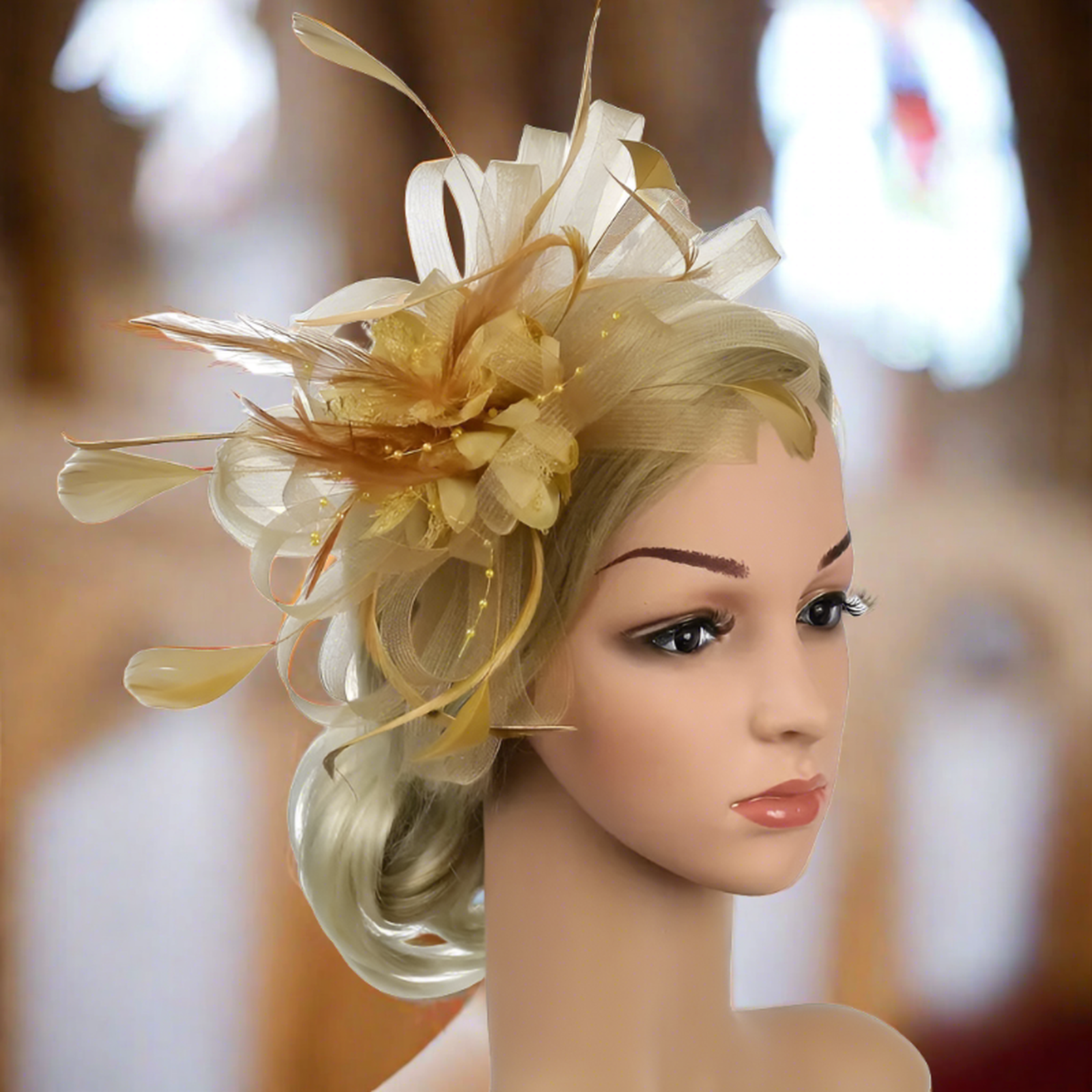 Gold Mesh Flower Feather Headband Fascinator With Clip | Merthyr Tydfil | Why Not Shop Online