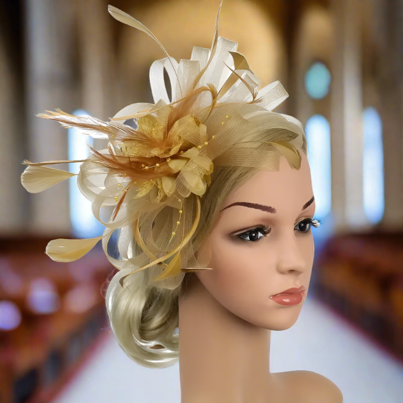 Gold Mesh Flower Feather Headband Fascinator With Clip | Merthyr Tydfil | Why Not Shop Online