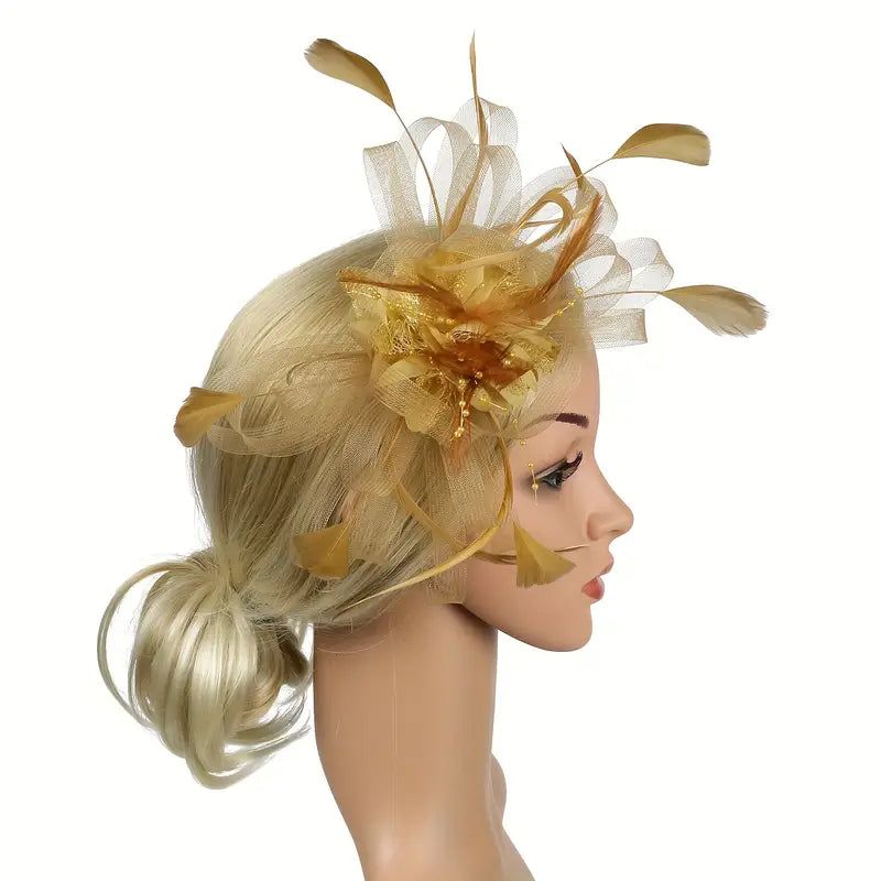 Gold Mesh Flower Feather Headband Fascinator With Clip | Why Not Shop