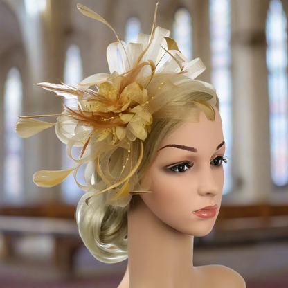 Gold Mesh Flower Feather Headband Fascinator With Clip | Merthyr Tydfil | Why Not Shop Online