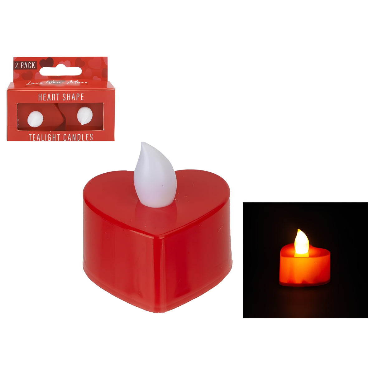 Two red heart-shaped tea light candles shown on a white background, with the retail box in the upper left and an inset showing the candle lit on black.