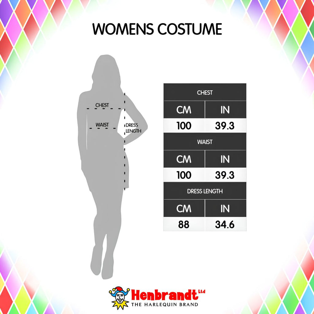 Size chart for a women's costume, showing a gray silhouette of a woman with measurement lines for chest, waist, and dress length, alongside a black-and-white table with conversions from centimeters to inches. The graphic has a multicolor diamond border and the Henbrandt logo at the bottom.