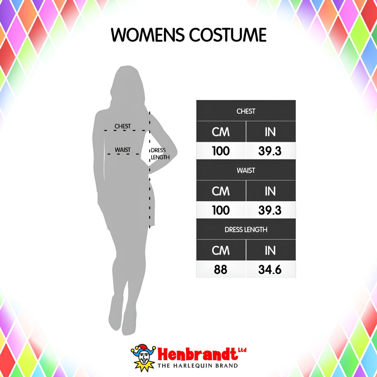 Size chart for a women's costume, showing a gray silhouette of a woman with measurement lines for chest, waist, and dress length, alongside a black-and-white table with conversions from centimeters to inches. The graphic has a multicolor diamond border and the Henbrandt logo at the bottom.