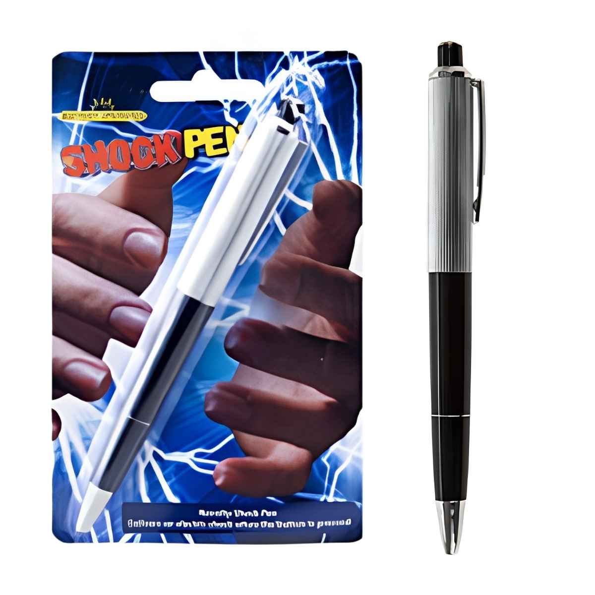 Shock pen with packaging and a close-up of the pen on a white background