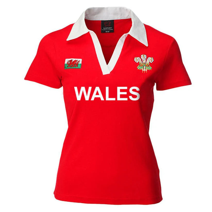 Red Wales rugby shirt with white collar 
