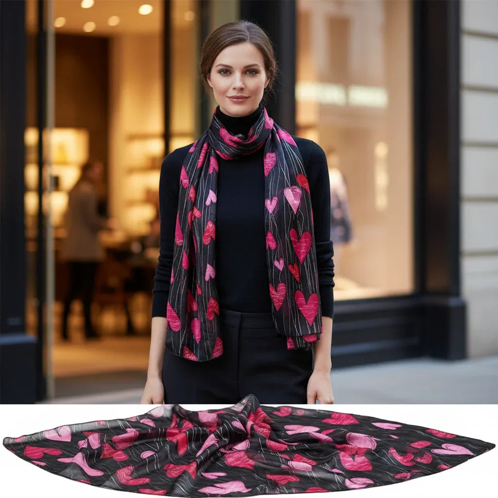 Ladies Satin Stripe Heart Design Scarf - Black Red And Pink - Why Not Shop