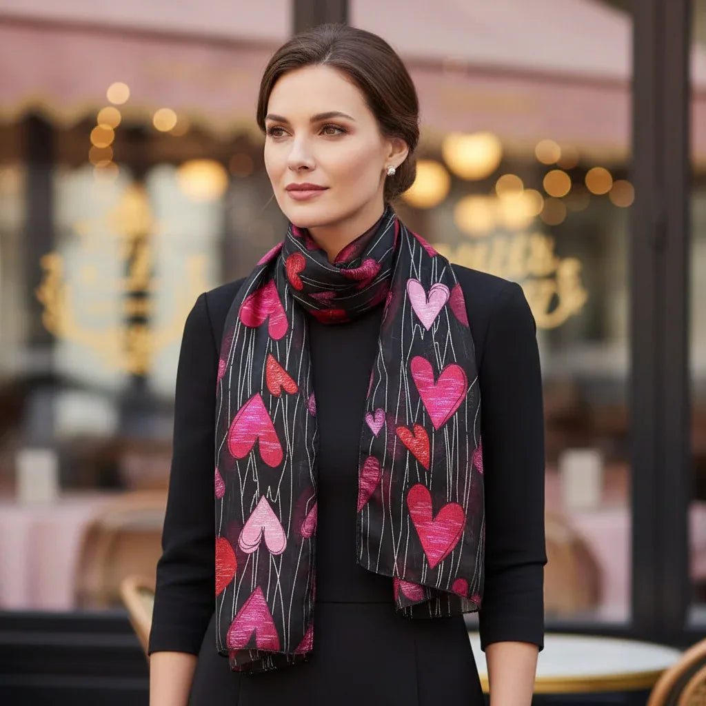 Ladies Satin Stripe Heart Design Scarf - Black Red And Pink - Why Not Shop