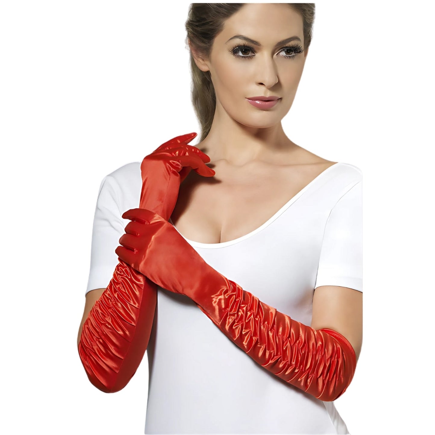 Ladies Temptress Long Red Satin Gloves | Why Not Shop