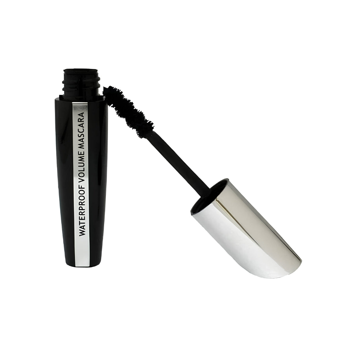 A black tube of waterproof volume mascara with a silver vertical accent band, shown next to its open wand applicator with a black brush and reflective silver cap on a plain white background.