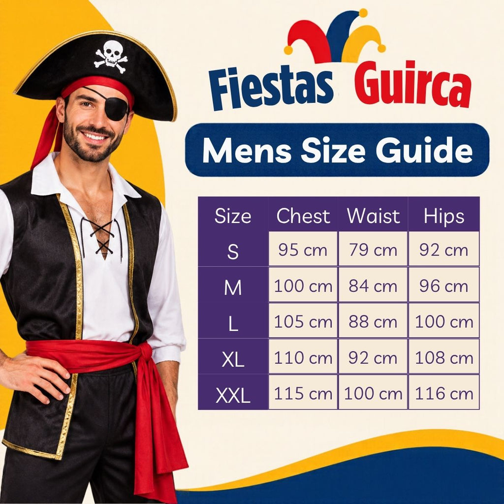 Fiestas Guirca men's size guide graphic with a pirate costume model on the left and a size chart table on the right showing chest, waist, and hip measurements for S through XXL.