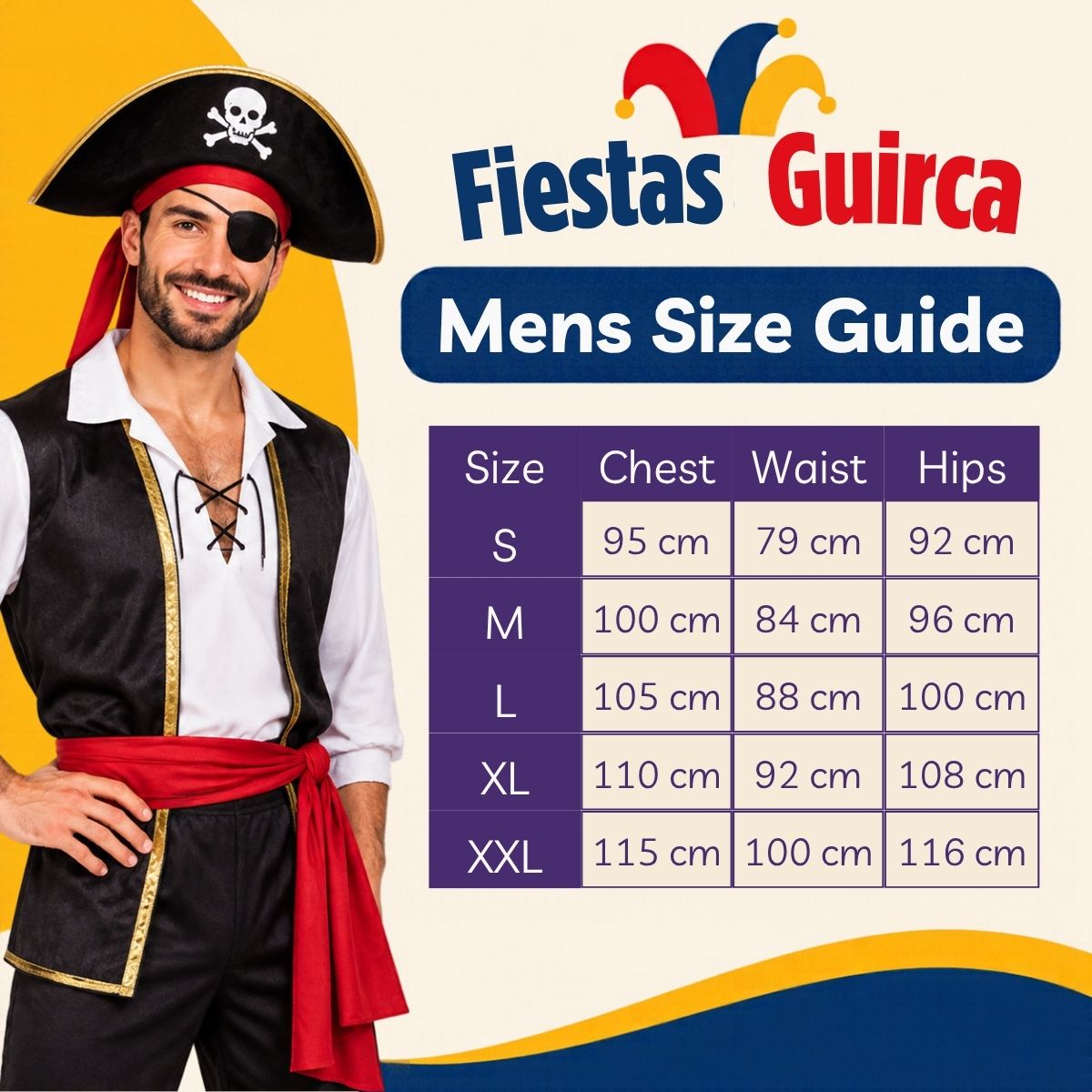 Fiestas Guirca men's size guide graphic with a pirate costume model on the left and a size chart table on the right showing chest, waist, and hip measurements for S through XXL.
