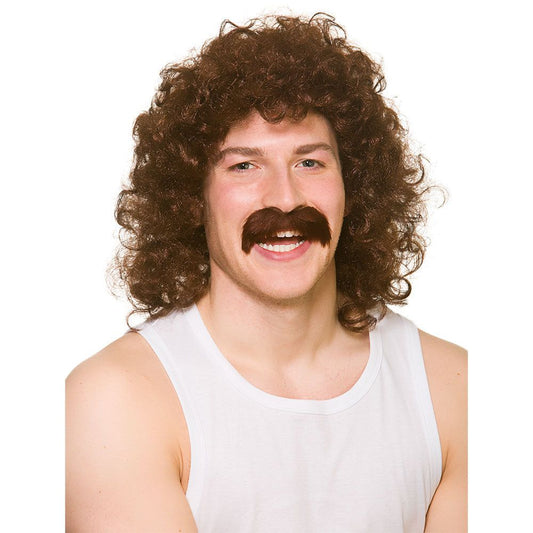 Mens Brown Perm Fancy Dress Wig With Brown Moustache | Why Not Shop