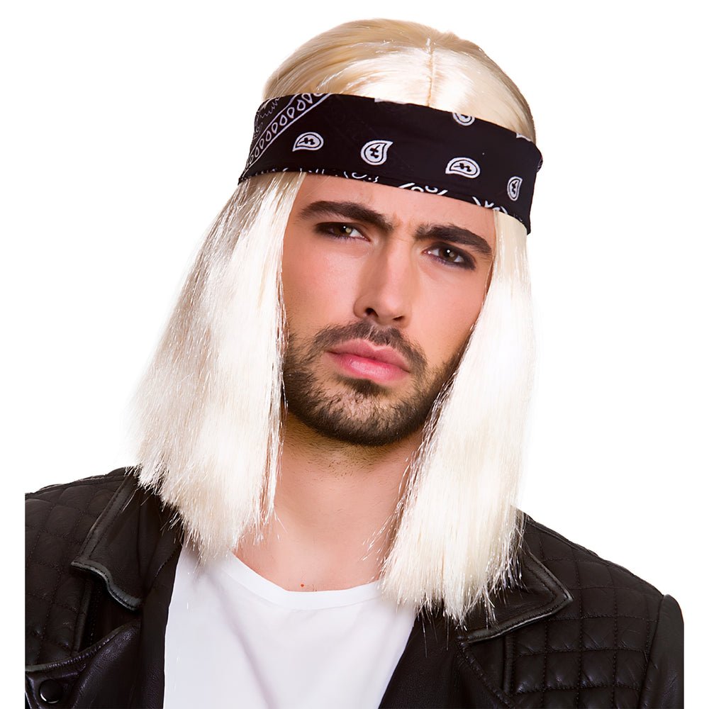Mens 90's Blonde Rocker Wig with Black and White Bandana