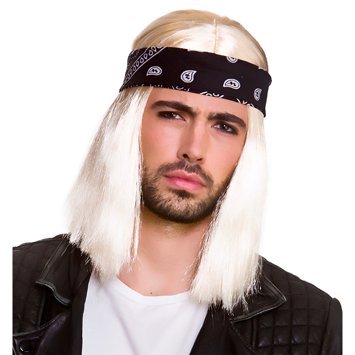 Mens 90's Blonde Rocker Wig with Black and White Bandana