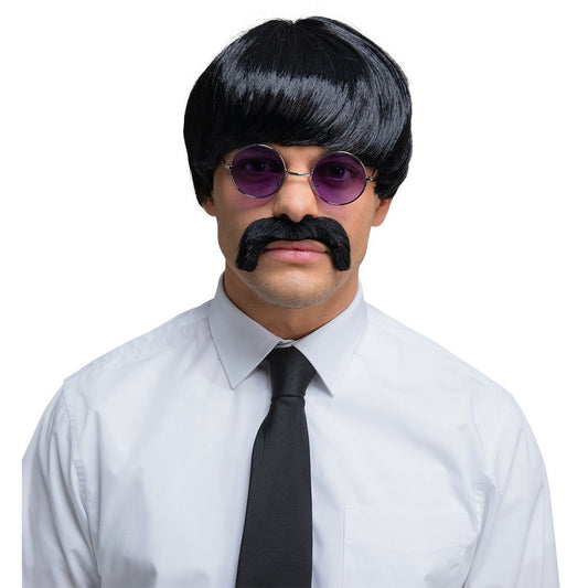 Mens Black 1960s Pop Icon Fancy Dress Wig With Black Moustache | Why Not Shop
