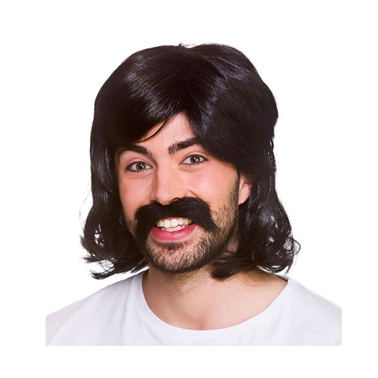 Mens Black 1970s Fancy Dress Wig With Black Moustache | Why Not Shop