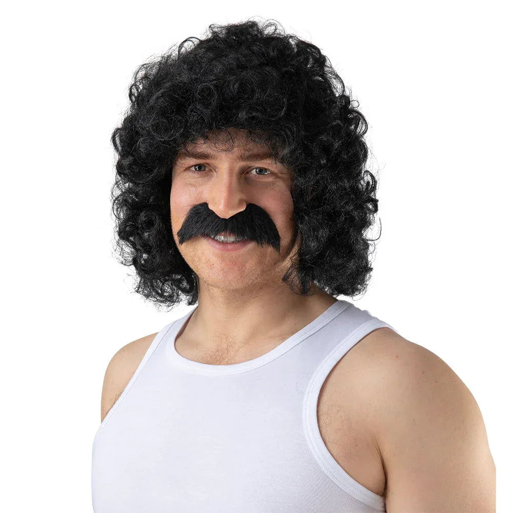 Mens Black Perm Fancy Dress Wig With Black Moustache - Why Not Shop