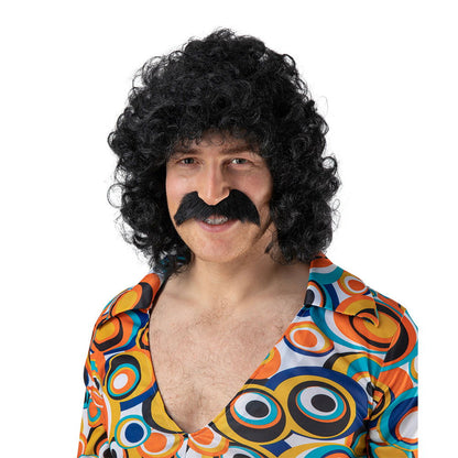 Mens Black Perm Fancy Dress Wig With Black Moustache | Why Not Shop