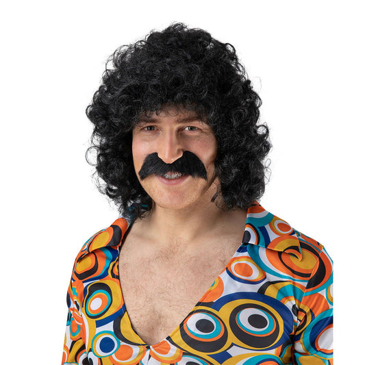 Mens Black Perm Fancy Dress Wig With Black Moustache | Why Not Shop
