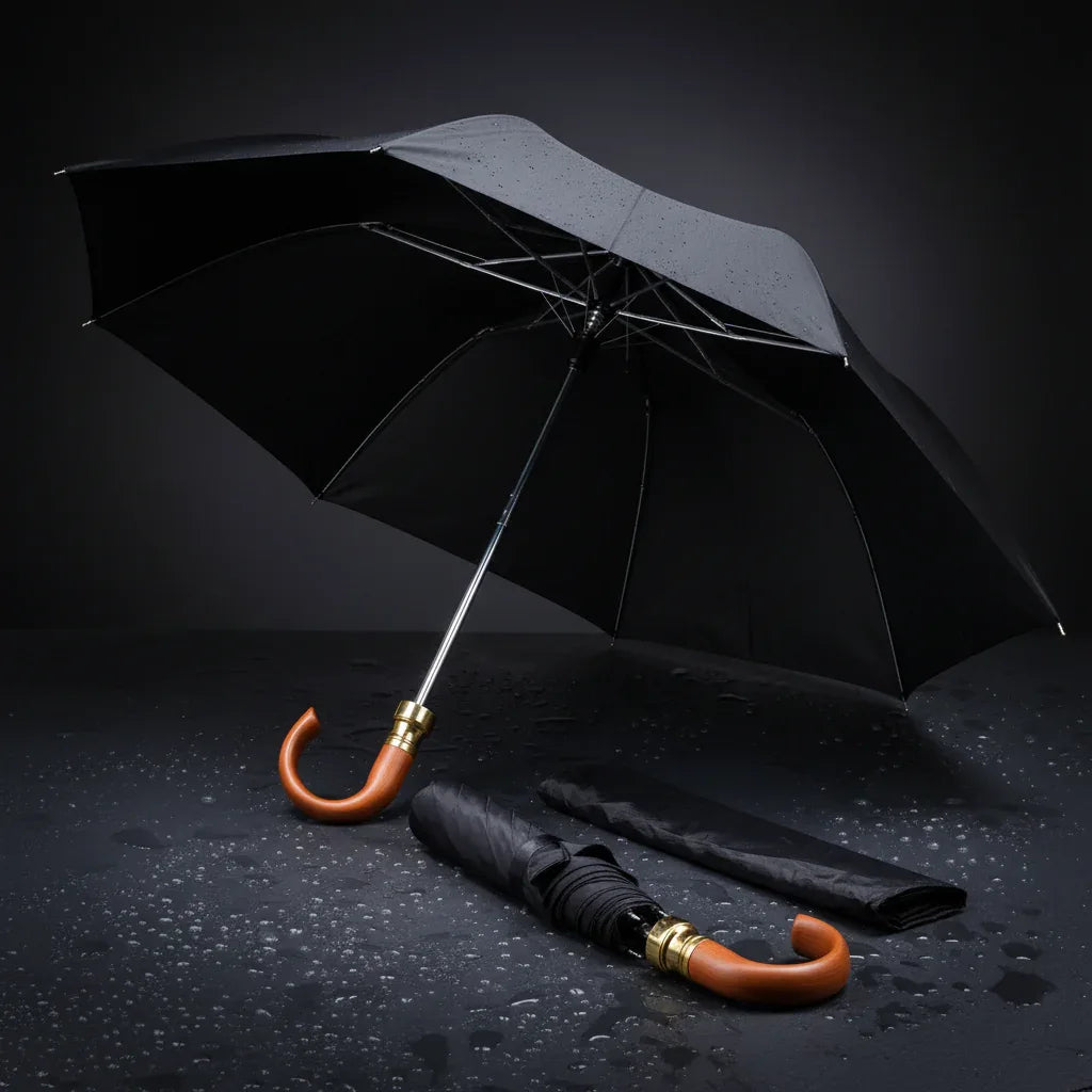 Mens U Shaped Deluxe Umbrella Black With Brown Handle 91 x 57cm - Why Not Shop