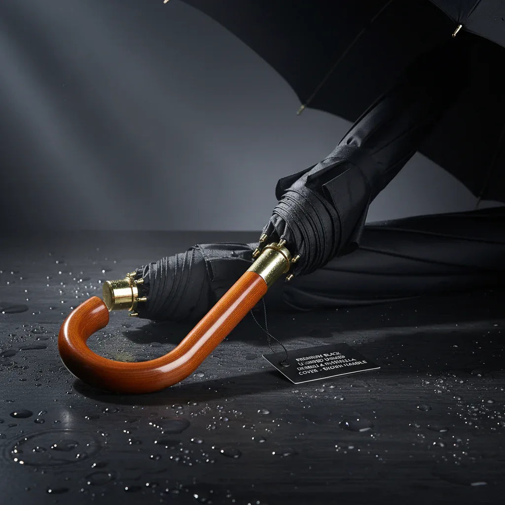 Mens U Shaped Deluxe Umbrella Black With Brown Handle 91 x 57cm - Why Not Shop