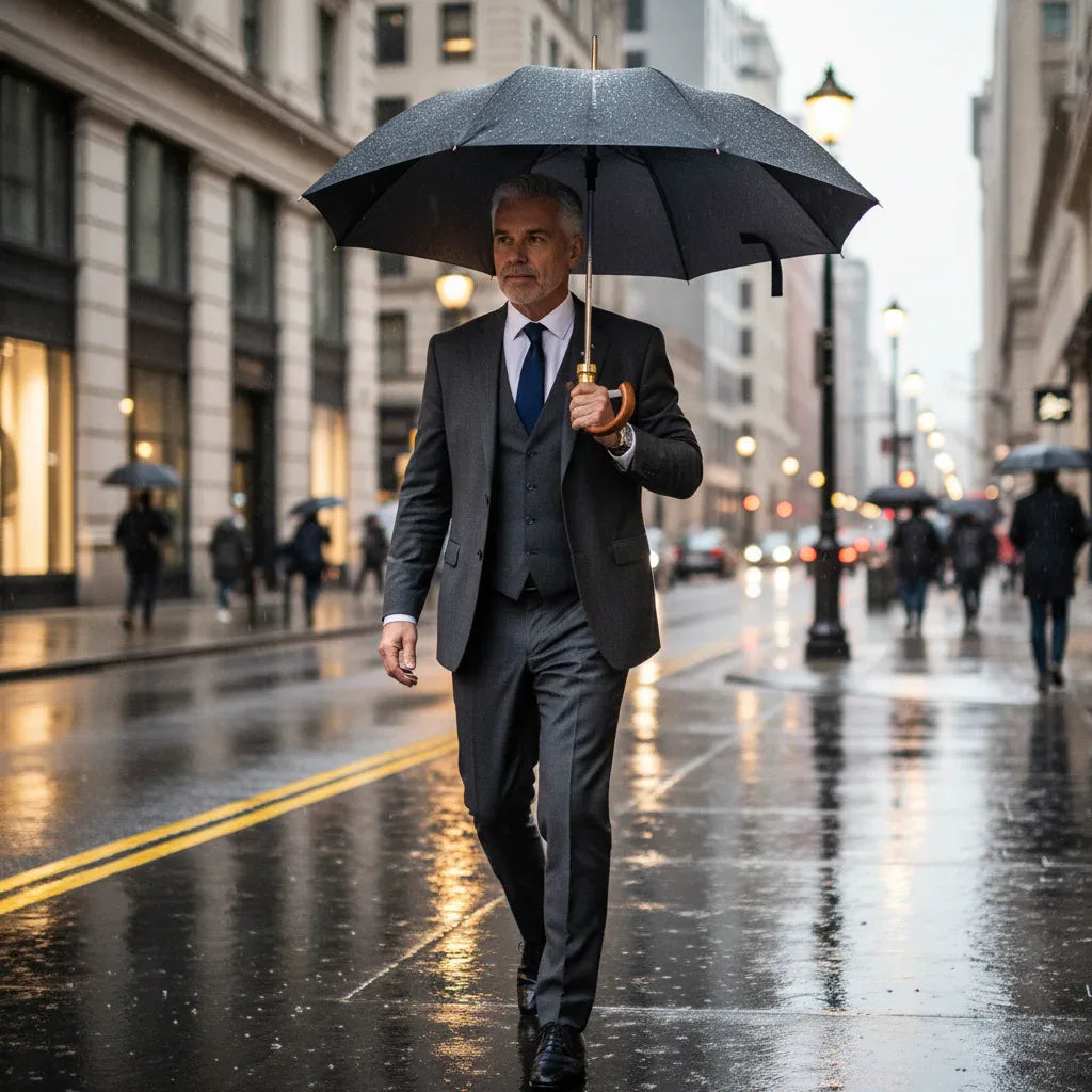 Mens U Shaped Deluxe Umbrella Black With Brown Handle 91 x 57cm - Why Not Shop