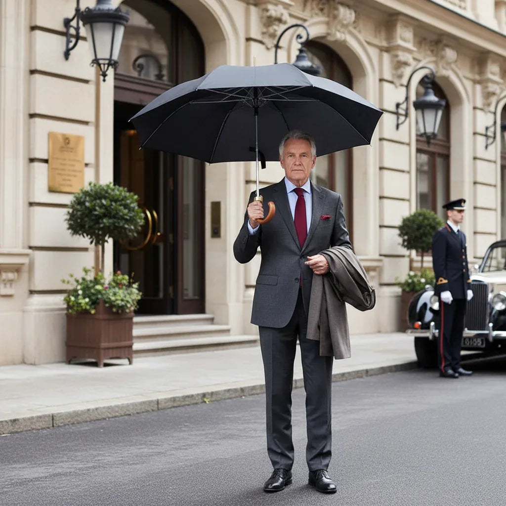 Mens U Shaped Deluxe Umbrella Black With Brown Handle 91 x 57cm - Why Not Shop