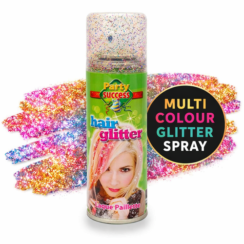 A can of Party Success Hair Glitter Spray with a green label, shown with colorful glitter smears on a white background and a black circular badge that reads 'MULTI COLOUR GLITTER SPRAY'.