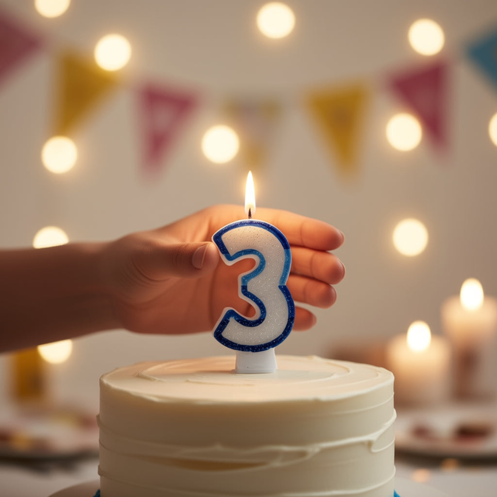 Blue Coloured Number 3 Candle