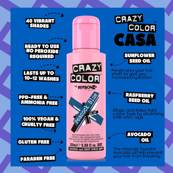 Crazy Color Peacock Blue Semi-Permanent Hair Dye 100ml