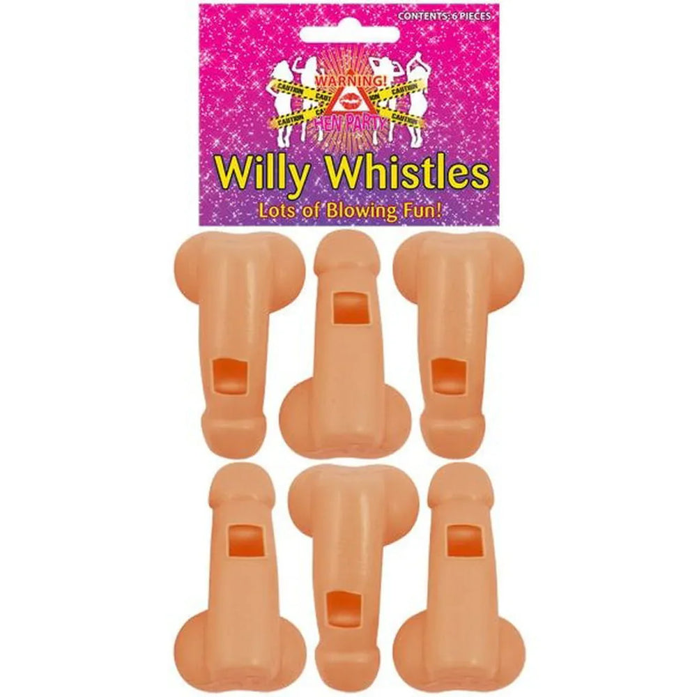 Set of orange whistles with packaging labeled 'Willy Whistles' on a white background