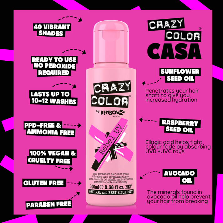 Crazy Color Rebel UV Neon Pink Semi-Permanent Hair Dye 100ml