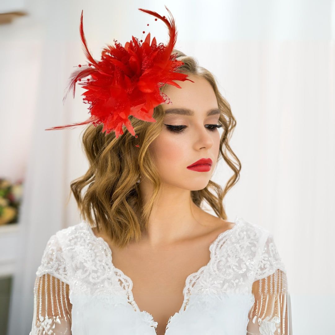 Red Faux Feather Fascinator On A Cocktail Hair Band | Why Not Shop